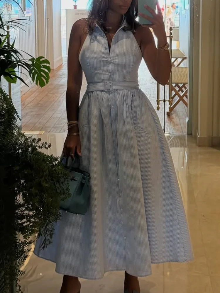 Women's blue striped maxi dress, perfect for summer outings.