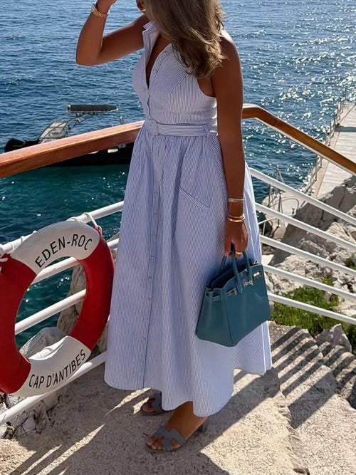 Women's blue and white striped shirt dress and maxi dress for summer outings
