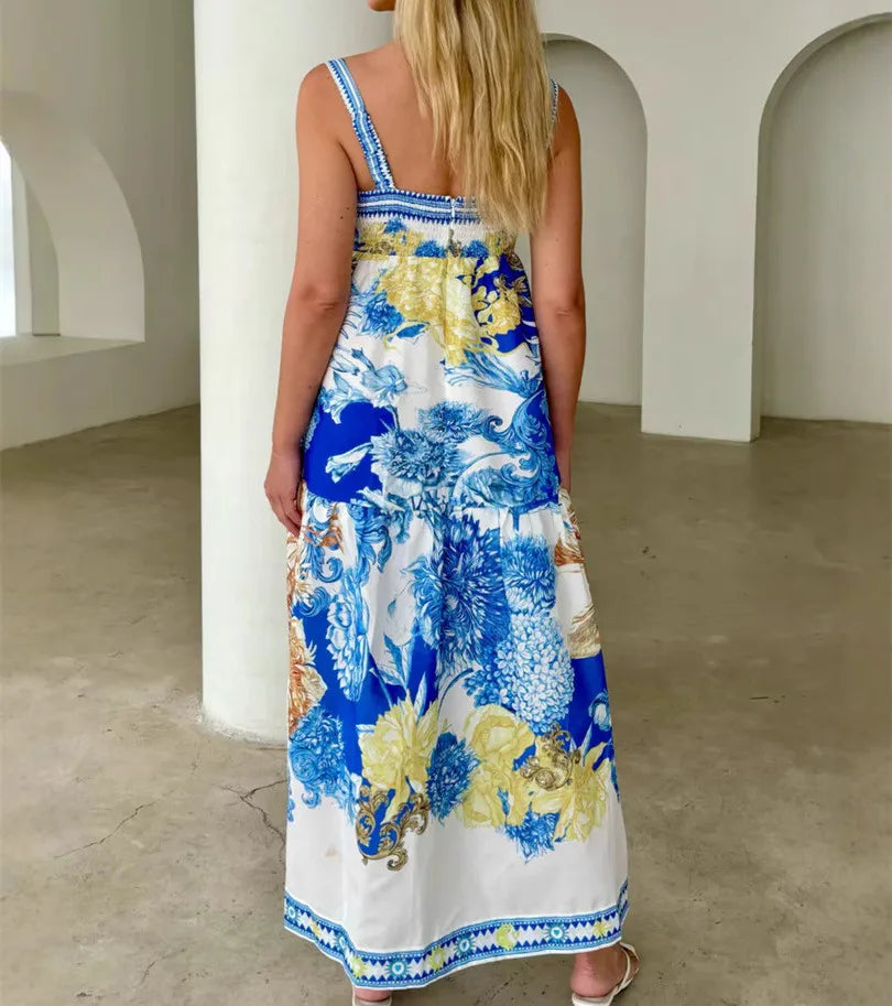 Women's floral blue and white maxi dress, perfect for summer vacations