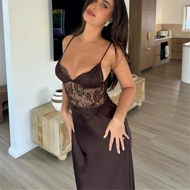 Brown lace maxi dress for elegant evening events