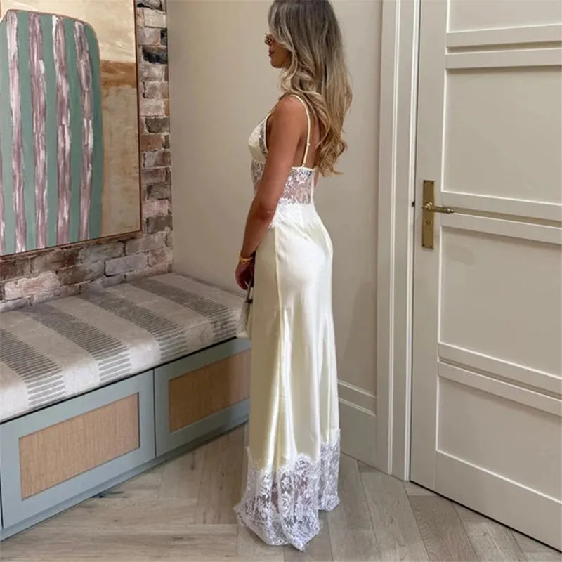 Women's cream satin and lace maxi dress for summer occasions
