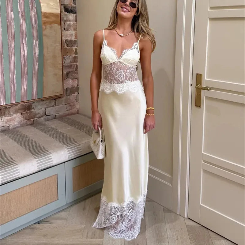 Elegant cream satin and lace maxi dress for stylish summer outings