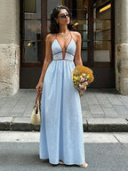 Women's blue striped maxi dress, perfect for summer outings.