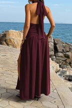 Burgundy halter back maxi dress for summer beach outings