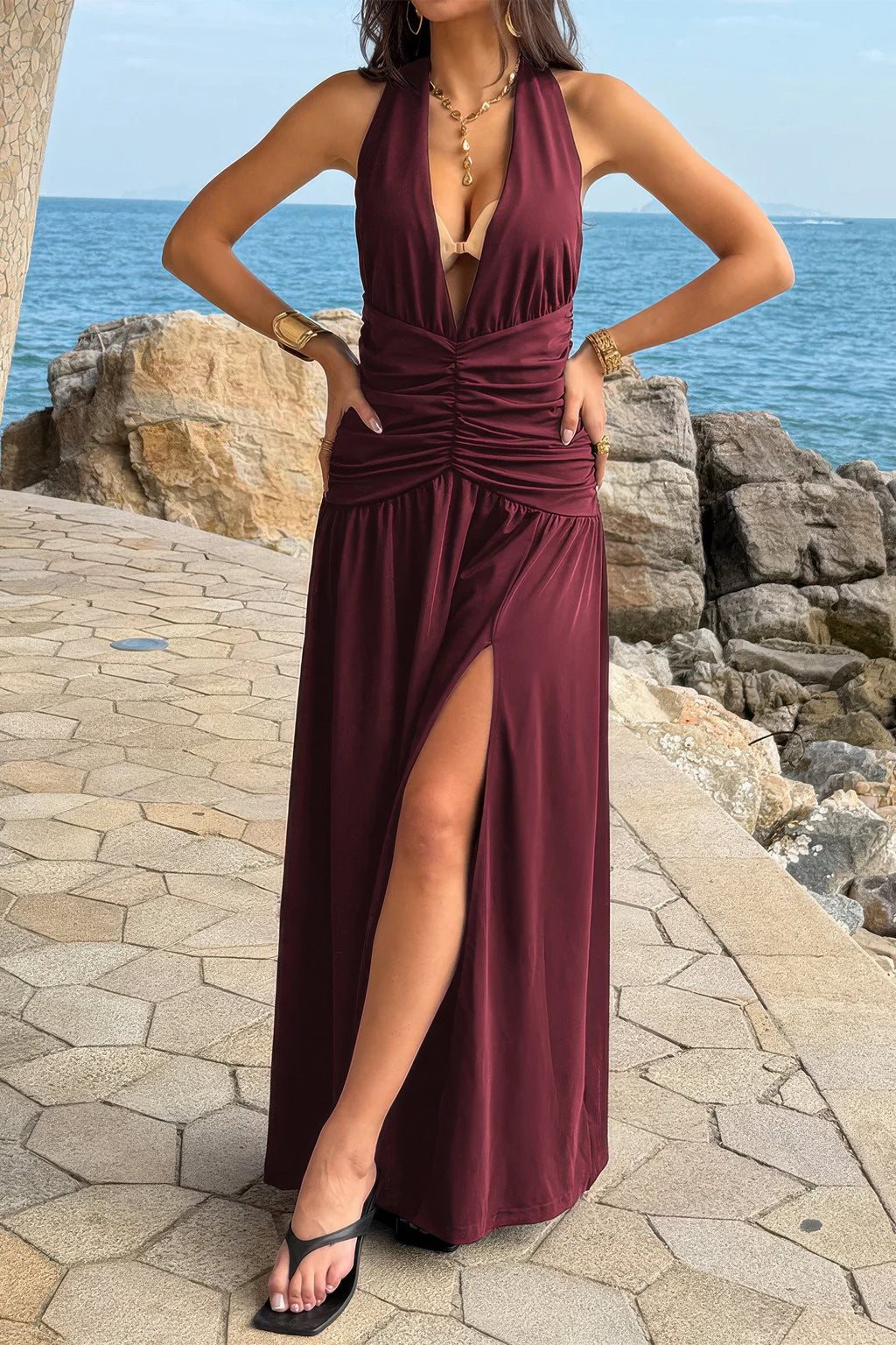 Burgundy halter maxi dress with side slit for beach vacations