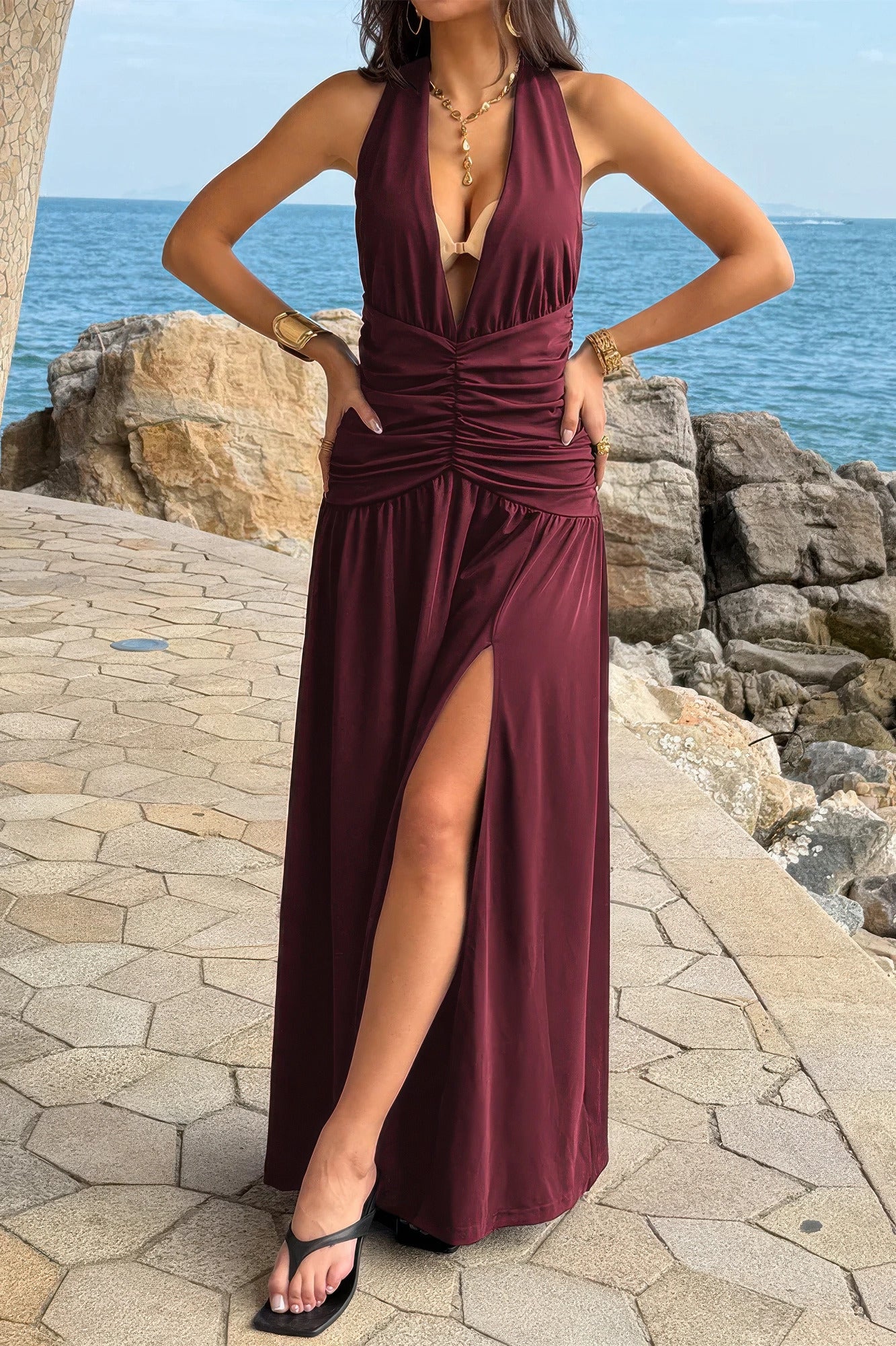 Burgundy halter maxi dress with side slit for beach vacations