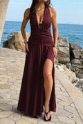 Burgundy halter neck ruched maxi dress for summer beach outings