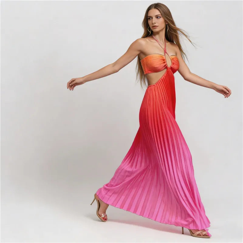 Women's gradient halter neck maxi dress, perfect for summer beach parties