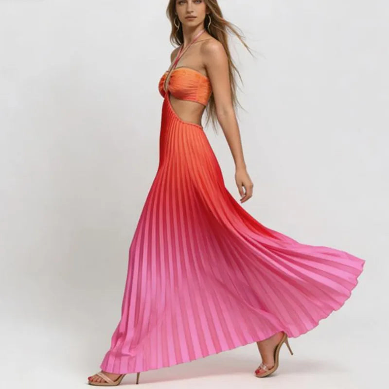 Women's orange and pink pleated maxi dress, perfect for summer outings