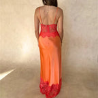 Women's orange and red satin maxi dress for summer evenings