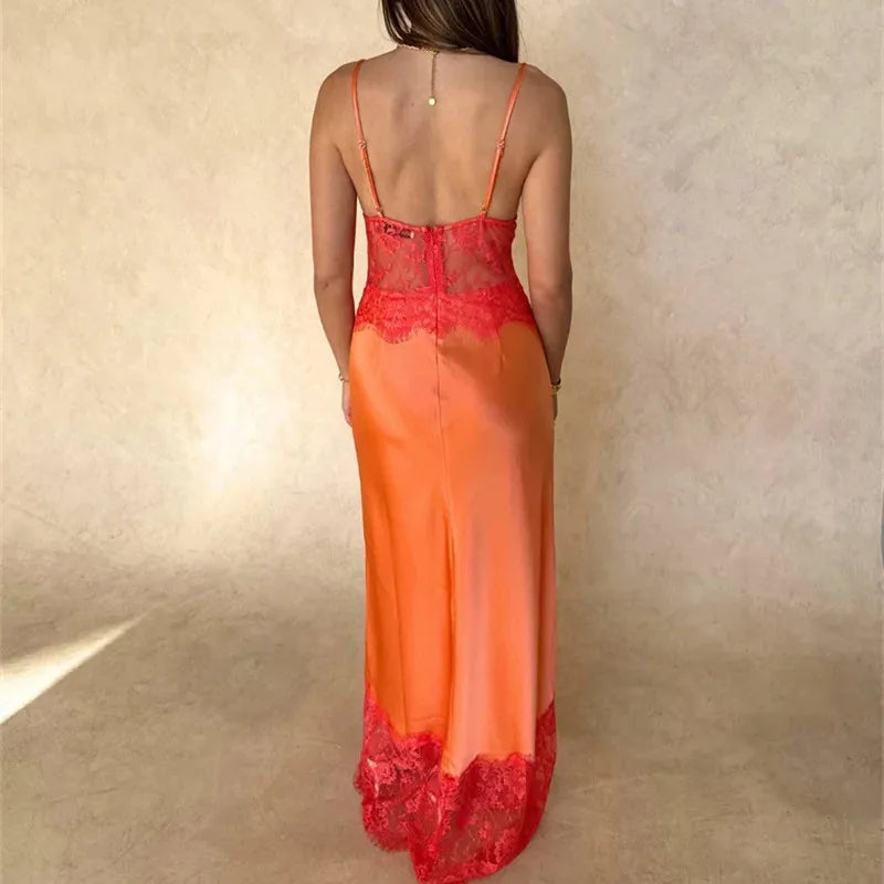 Women's orange and red satin maxi dress for summer evenings
