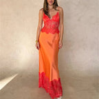 Women's orange satin lace maxi dress for summer events