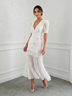 Women's white floral maxi dress, lightweight chiffon, perfect for summer events