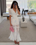 White floral maxi dress with sheer overlay, perfect for summer outings