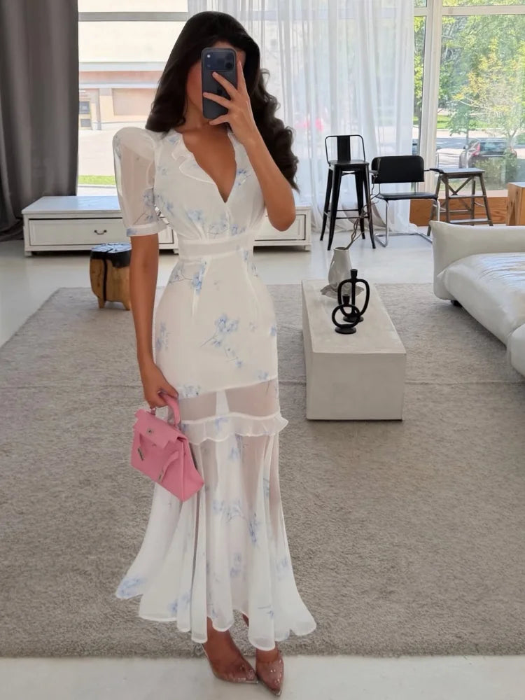 Women's white floral maxi dress, perfect for summer events