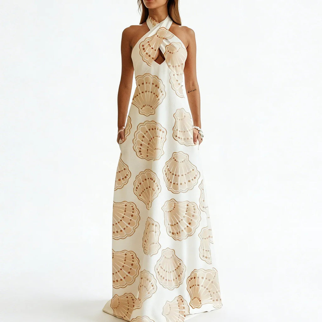 Women's shell print halter neck maxi dress, perfect for summer outings