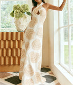VacationGrabs white maxi dress with shell print, perfect for beach outings.
