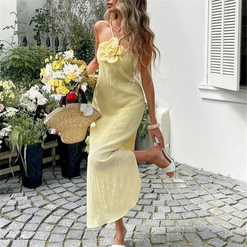 Women's yellow ribbed and maxi dress for summer outdoor events