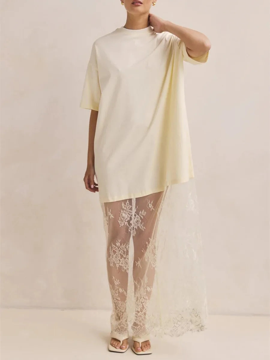 Women's cream maxi dress with lace overlay for casual outings