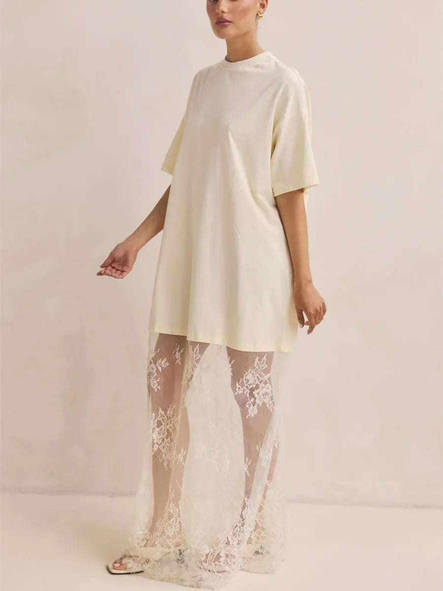 Women's cream and maxi dress with lace overlay for summer outings