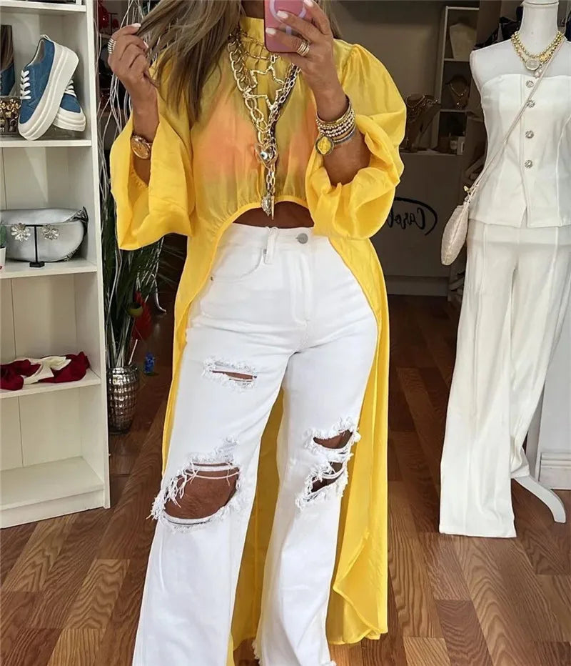 Women's sheer yellow cover-up and maxi dress for beach outings
