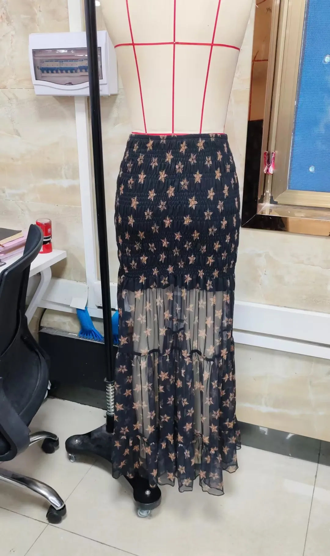 Women's black floral maxi skirt, lightweight, perfect for summer outings