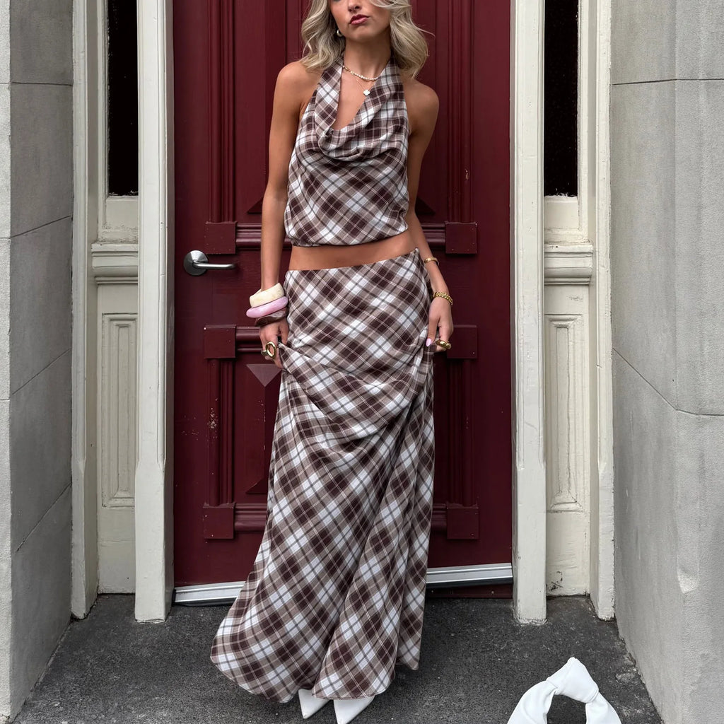 Brown plaid maxi skirt with matching crop top for stylish summer outings
