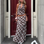 Brown plaid maxi skirt with matching crop top for stylish summer outings