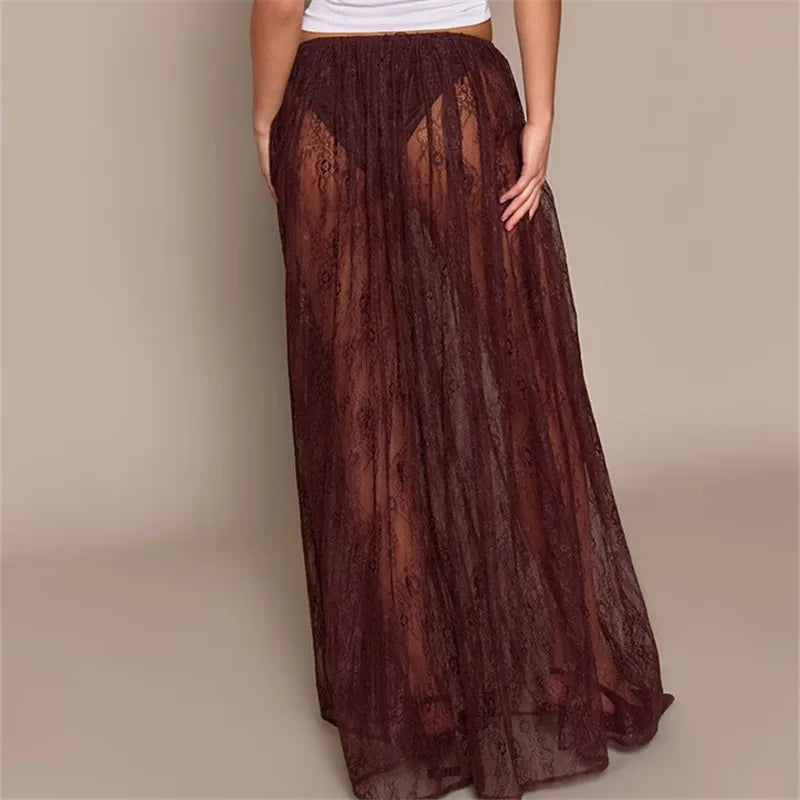 Burgundy lace maxi skirt, perfect for beach outings