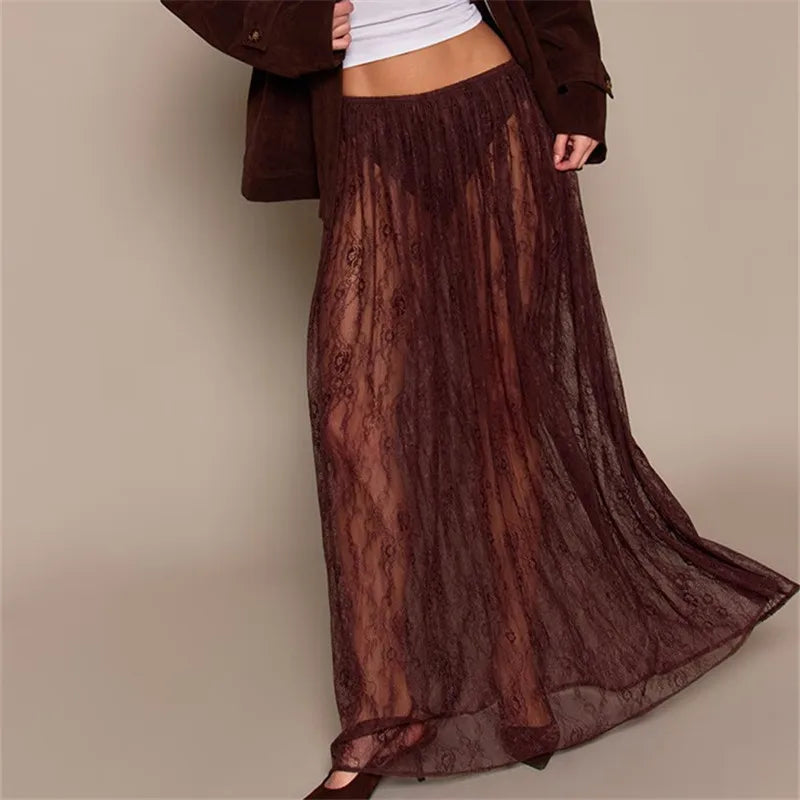 Women's brown lace maxi skirt for stylish summer outings