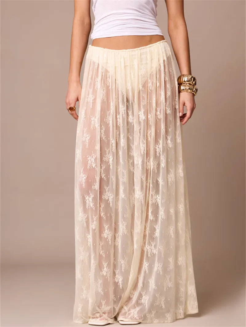 Women's sheer maxi skirt, floral lace, perfect for summer outings