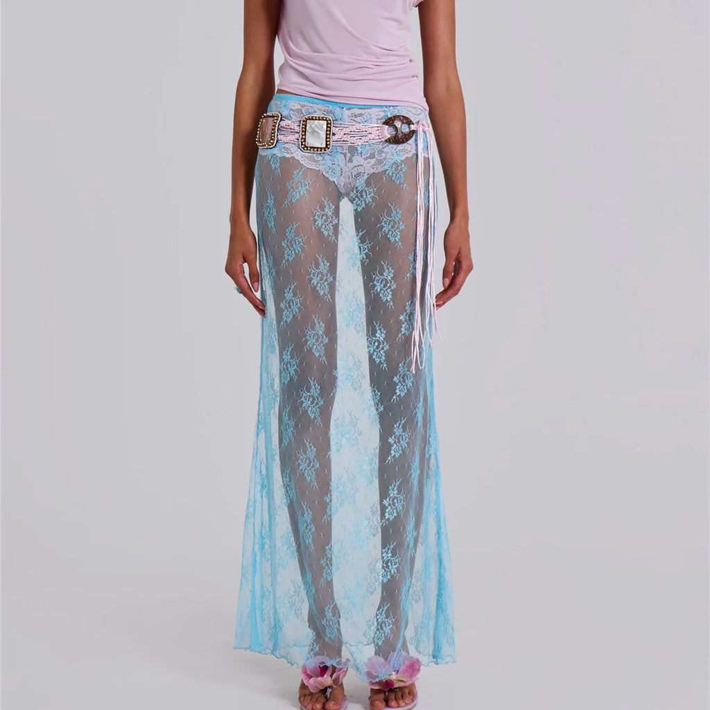 Women's sheer blue maxi skirt, lace fabric for beachwear