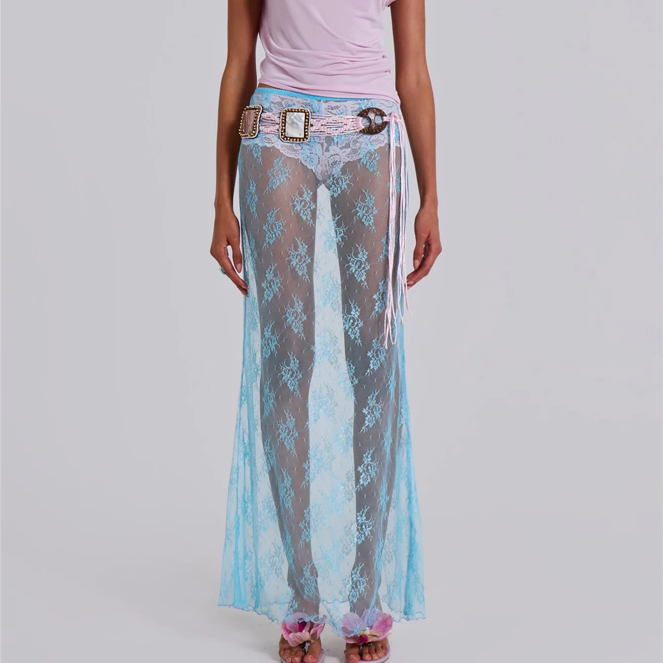 Women's sheer blue maxi skirt, lace fabric for beachwear