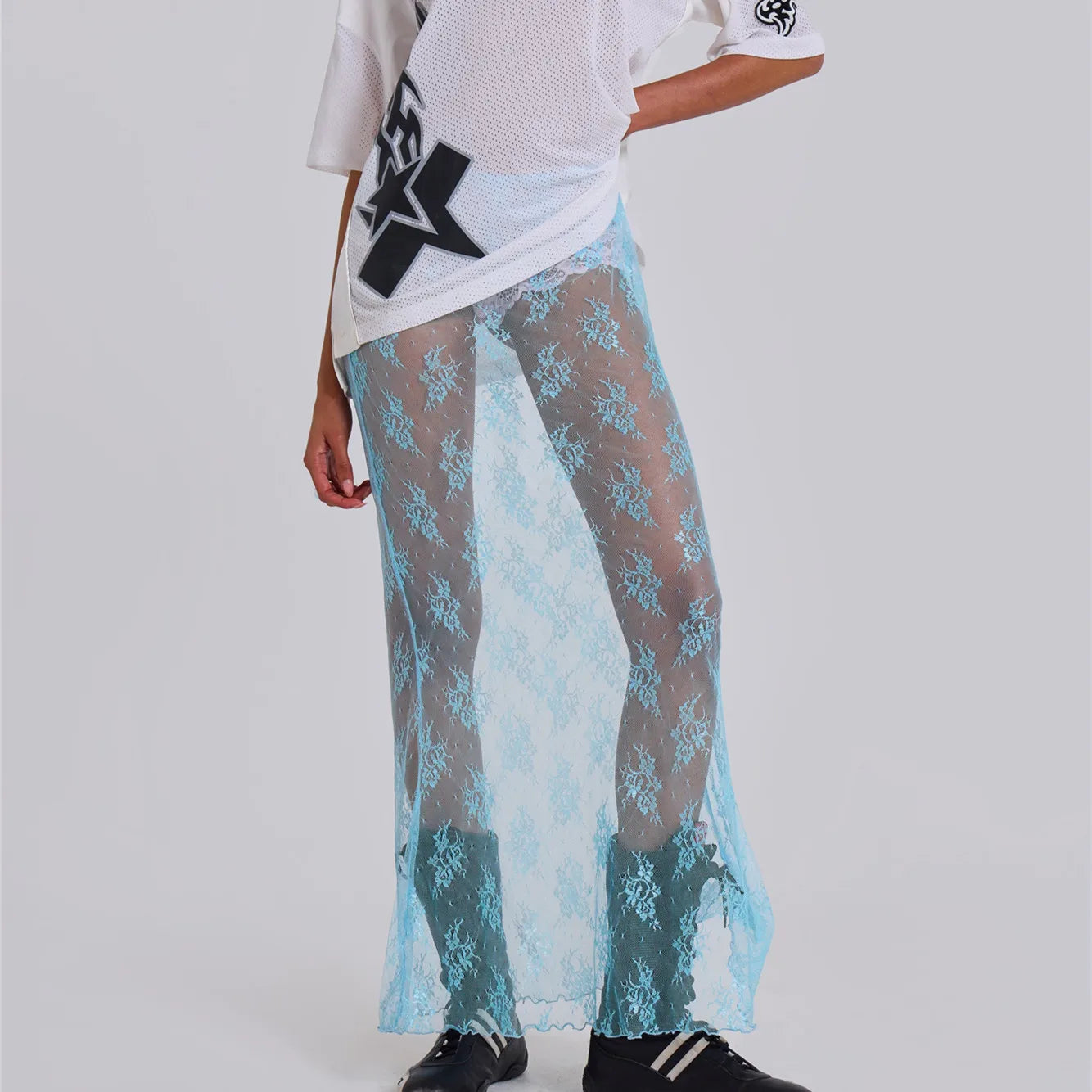 Women's sheer blue lace maxi skirt, perfect for beachwear