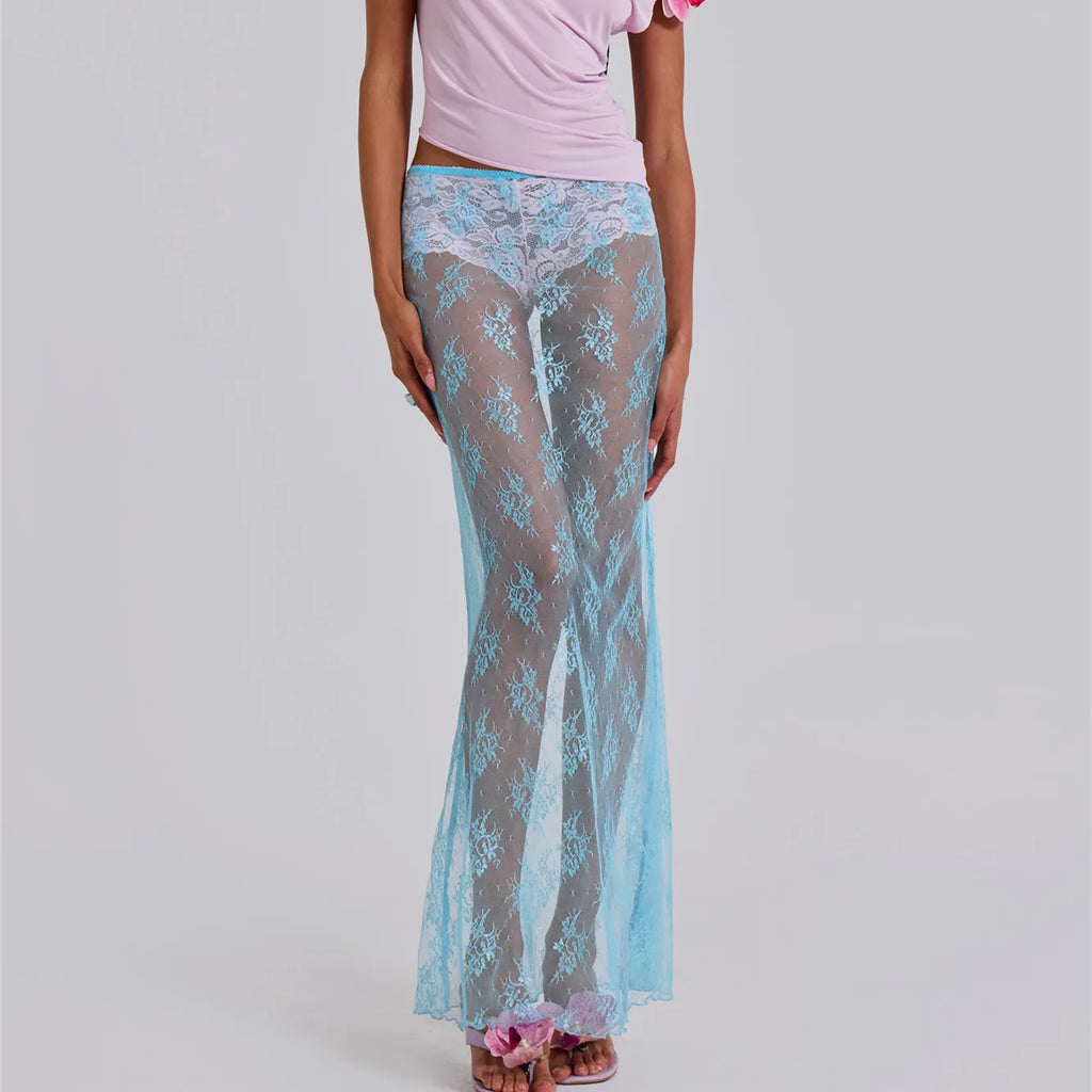 Women's lace maxi skirt in light blue, perfect for beach cover-ups