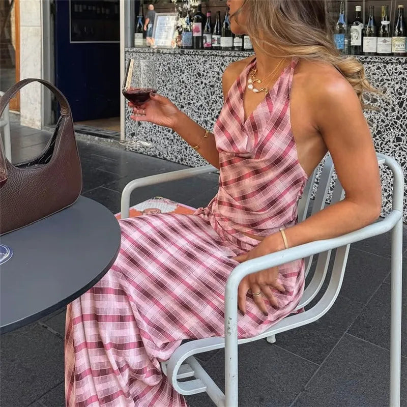 women's pink plaid maxi skirt, perfect for casual outings