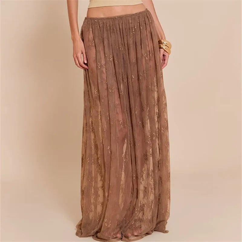 Women's brown maxi skirt, lightweight fabric for summer wear