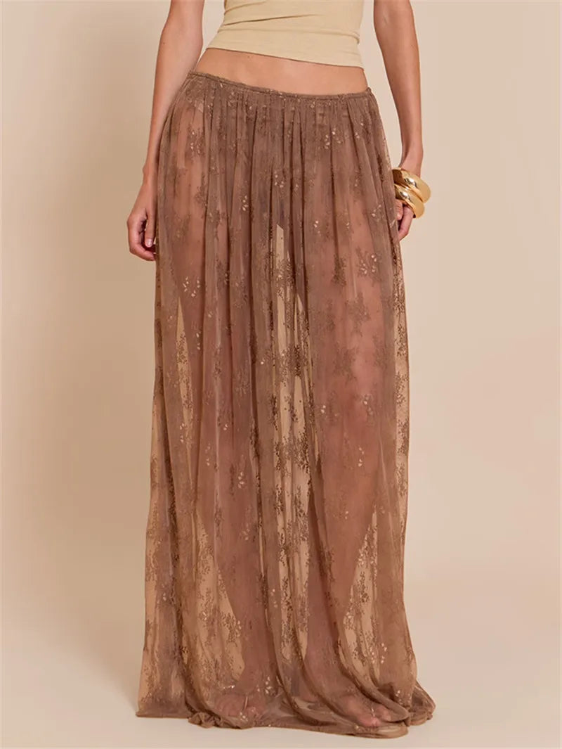 Brown lace maxi skirt for women's summer beach outings
