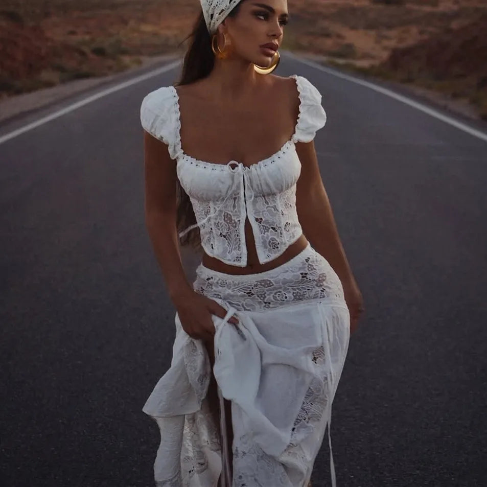 Women's white lace maxi skirt set, perfect for beach outings
