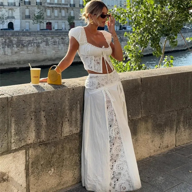 Women's white maxi skirt, lace detailing, perfect for summer outings