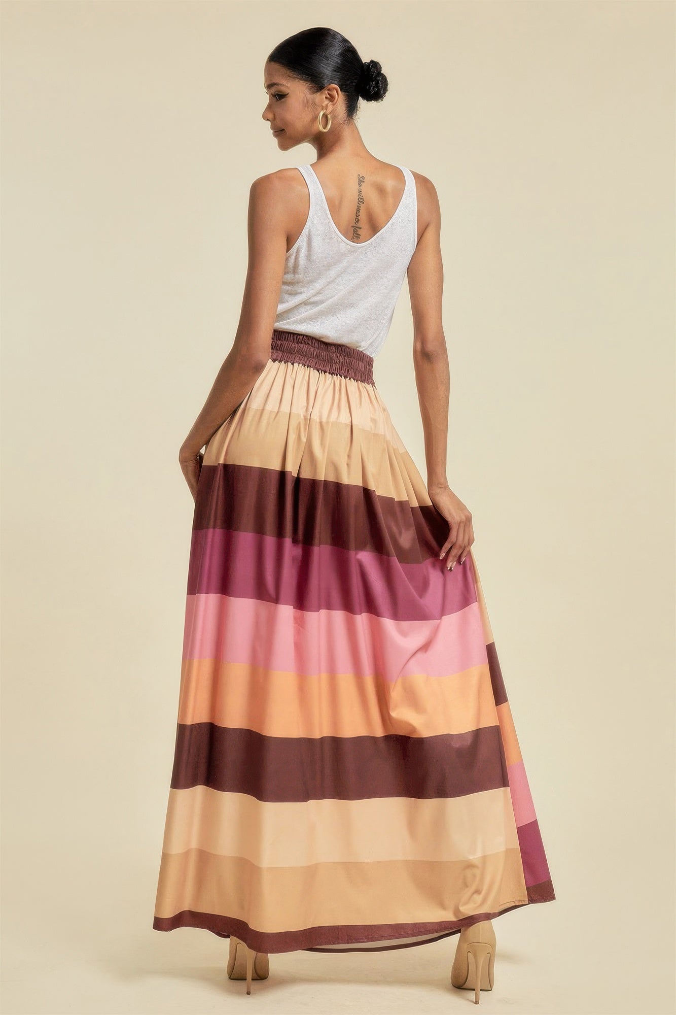 VacationGrabs women's colorful striped maxi skirt with pockets styled with a white tank top