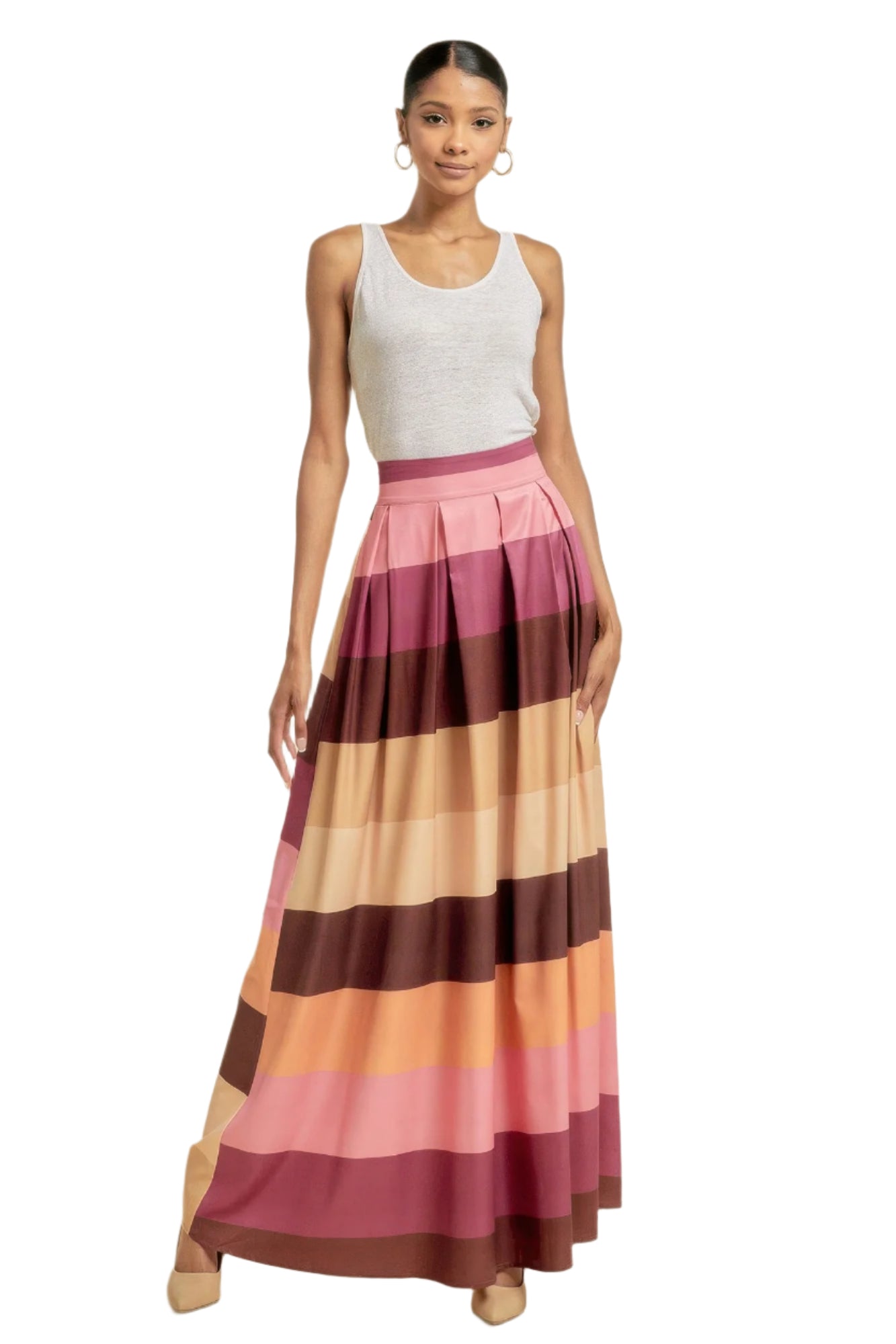 VacationGrabs women's colorful striped maxi skirt with pockets paired with gray sleeveless top