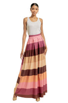 VacationGrabs women's colorful striped maxi skirt with pockets paired with gray sleeveless top