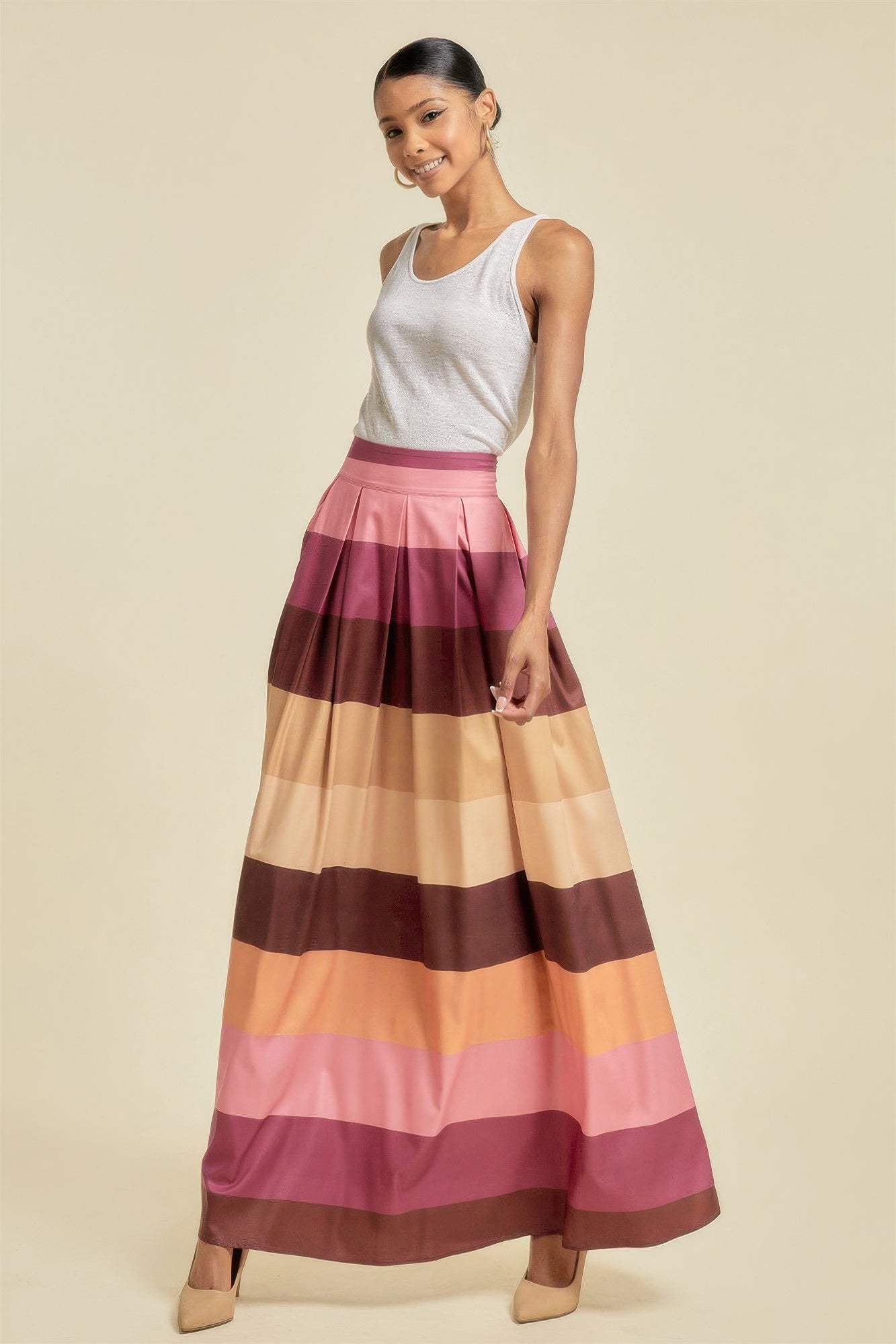 VacationGrabs women's colorful striped maxi skirt with pockets styled with white tank top