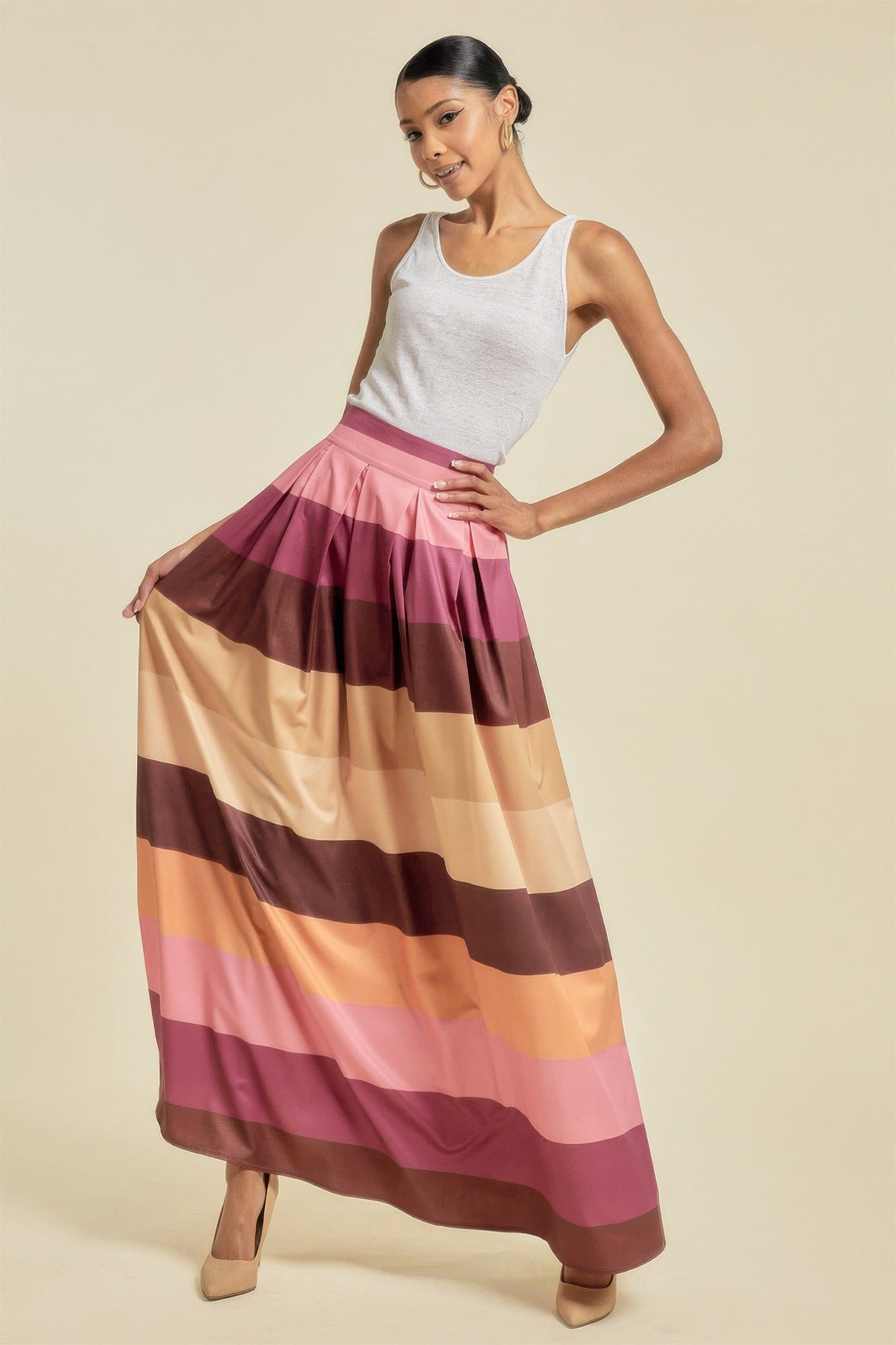 VacationGrabs women's colorful striped maxi skirt with pockets paired with white tank top