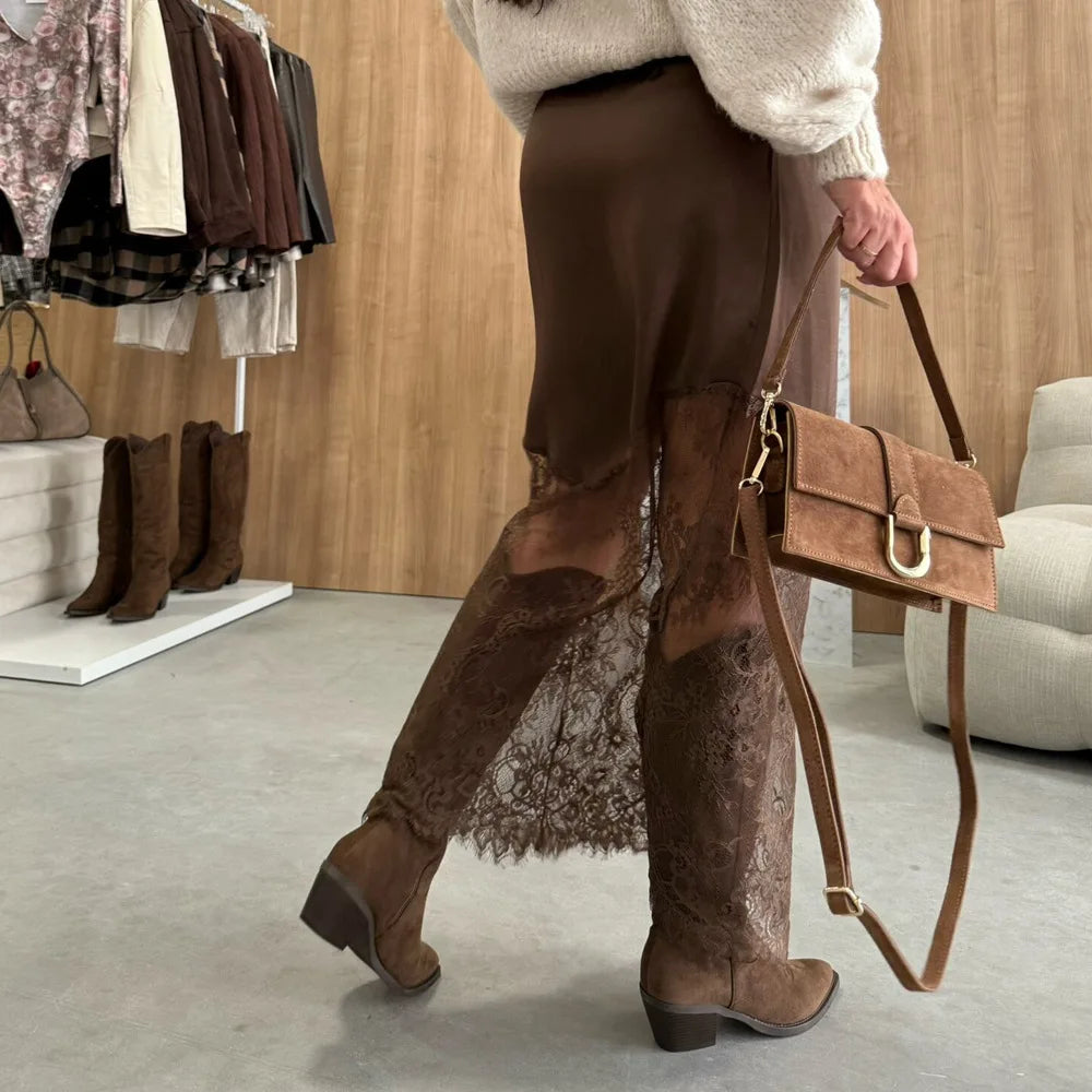 Brown lace maxi skirt for women, perfect for casual outings