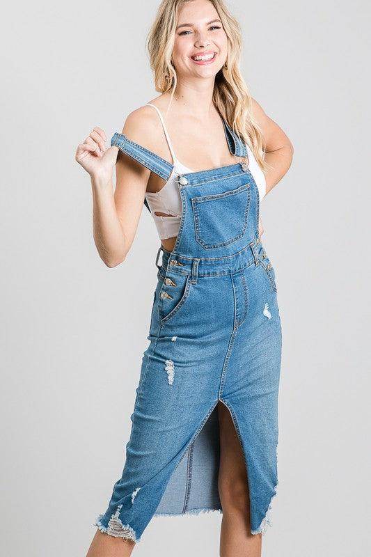 LITZ LA medium blue overall dress with a front slit and distressed detailing for a trendy look