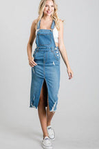 LITZ LA medium blue overall dress with a slit and distressed details for a trendy casual look