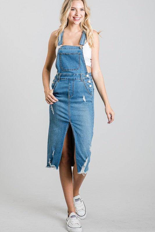 LITZ LA medium blue overall dress with a slit and distressed details for a trendy casual look