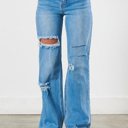 Women's Jeans Medium Stone Distressed Wide Leg Jeans